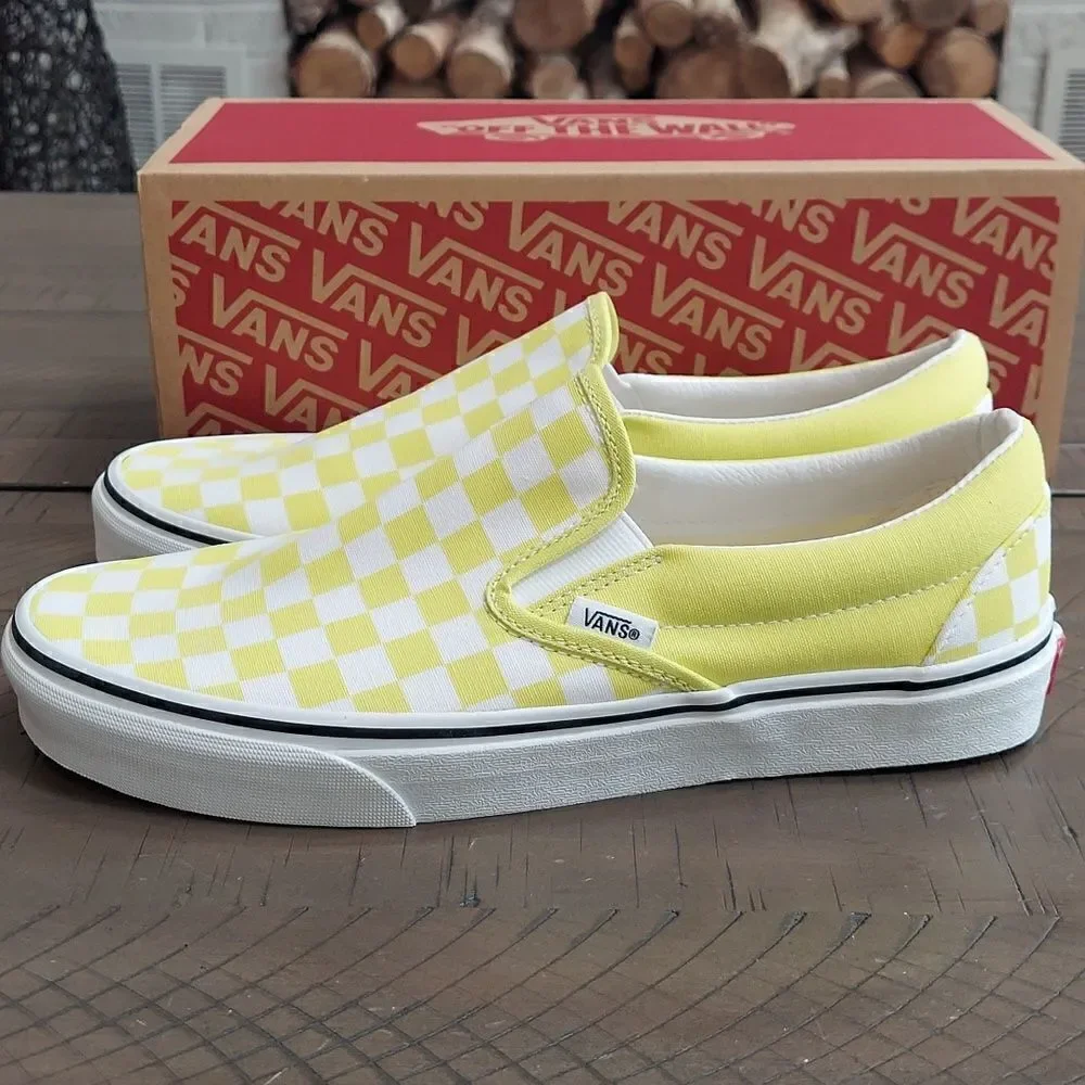 Vans Classic Slip-on Color Theory Highlighter Yellow Checker Sneakers NIB